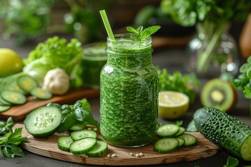 Nutritious green detox smoothie in a mason jar surrounded by slices of cucumber and a variety of greens on a wooden surface