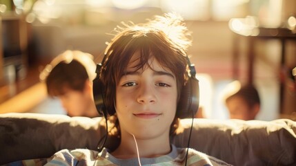 The picture of the young teenager listening to the music with the headphone filled with enjoyment,...