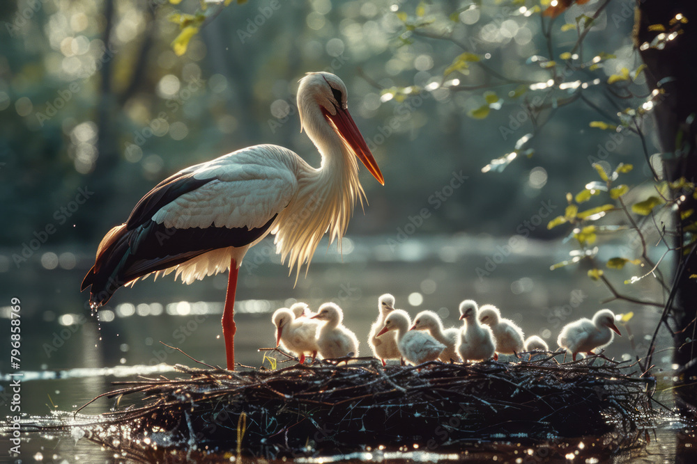 Poster a stork delivering its springtime catch to a nest full of waiting chicks,