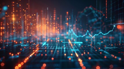 Obraz premium Data Grid: A vector illustration of a 3D grid with data points and charts hovering above