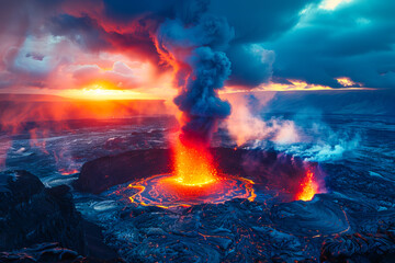 Majestic volcano eruption at sunset