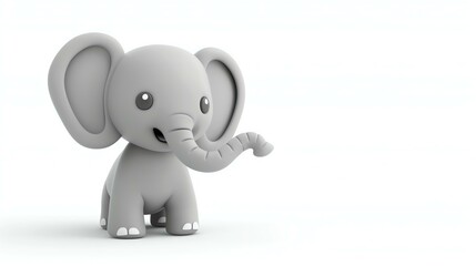 A cute and adorable 3D rendering of an elephant. It has big ears and a long trunk. It is standing on a white background and looking at the camera.