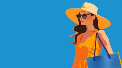 Elegant Woman in Vibrant Orange Dress With Sun Hat Against Blue Background