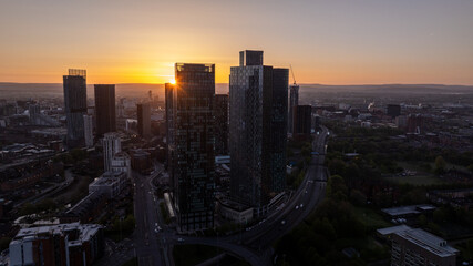 Manchester  skyline with skyscrapers at sunrise