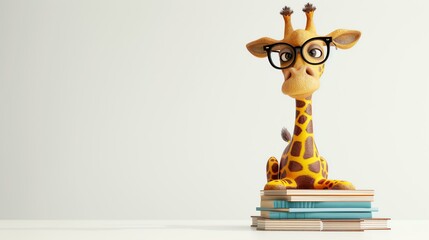 A cartoon giraffe wearing glasses is sitting on a stack of books. The giraffe is looking to the...