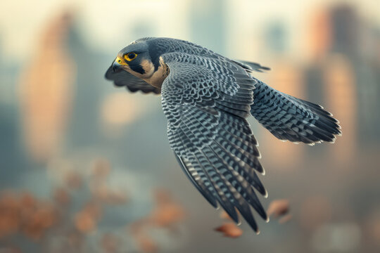 A sleek peregrine falcon diving at incredible speed, a blur against the city skyline,