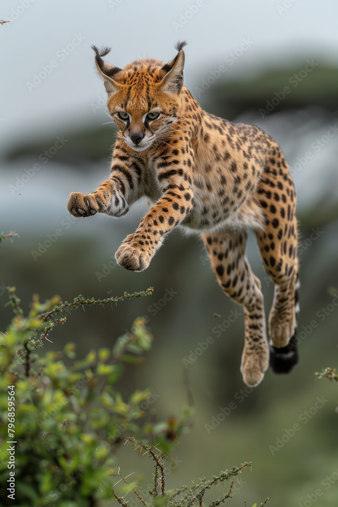 Poster a serval leaping high to catch a bird, its body stretched out in a beautiful display of agility and 