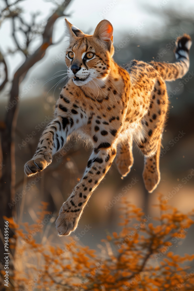 Aufkleber a serval leaping high to catch a bird, its body stretched out in a beautiful display of agility and 