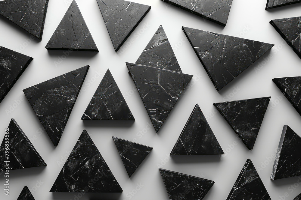 Poster a series of tightly packed, black equilateral triangles on a white canvas, each pointing in a differ