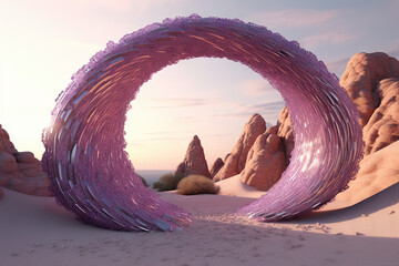 Surreal crystal gate or arc. Fictional architecture or sci-fi object in the desert. - 796859549