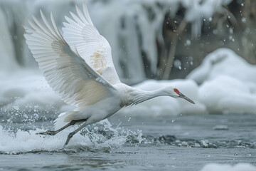 A Siberian crane taking flight from the icy waters of northeastern Siberia, a graceful spectacle,