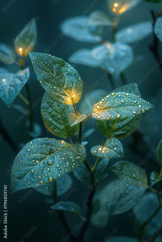 Poster a series of plants with bioluminescent tips powered by nano-circuitry, glowing softly in a dark room