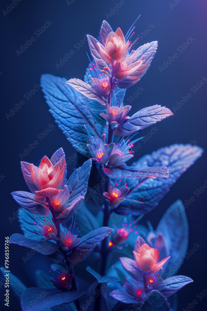 Poster a series of plants with bioluminescent tips powered by nano-circuitry, glowing softly in a dark room