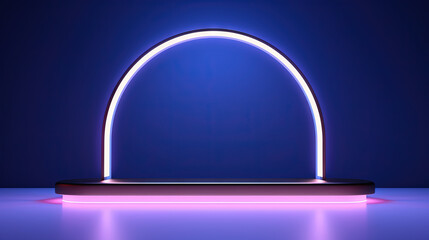 Neon arc in blue and purple lights room. Abstract background for product display. - 796859940