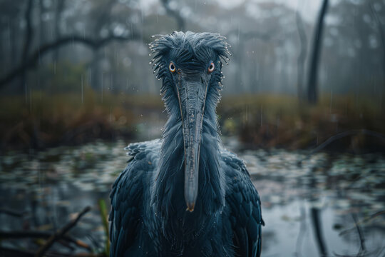 A secretive shoebill standing motionless in an African swamp, its gaze intense and focused,