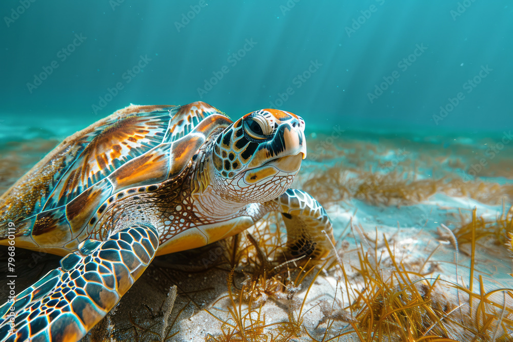 Poster a sea turtle making its way across the ocean floor, stopping occasionally to feed,