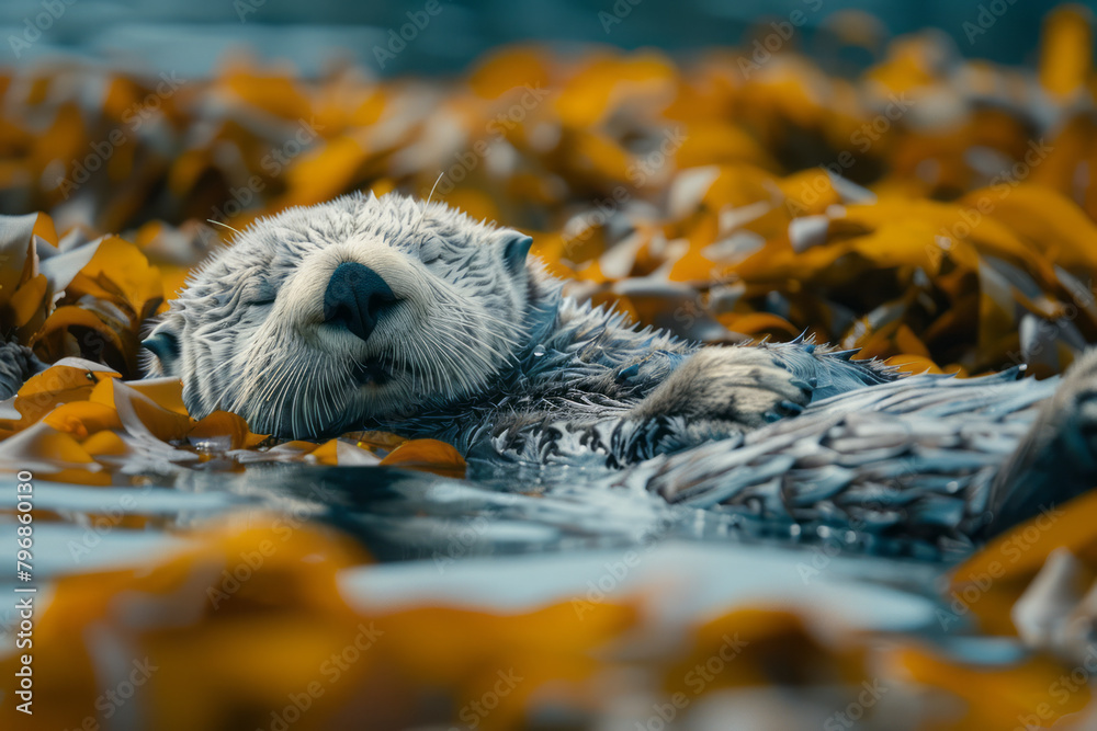 Poster a sea otter floating amidst kelp in frigid waters, using the seaweed to anchor itself while sleeping