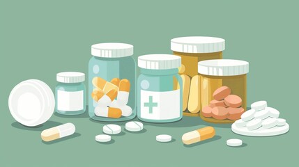 Illustration Variety of Medication Bottles and Pills on a Pastel Background