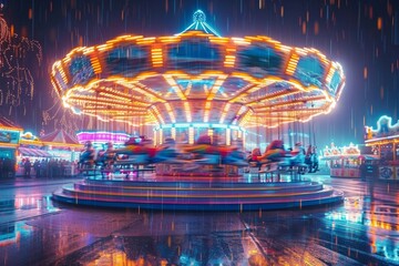 A spinning carousel with bright orange lights captured in a long exposure, creating a sense of movement and joy in a rainy setting