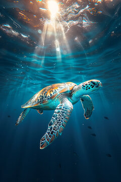 A sea turtle gliding gracefully underwater, its shell patterned beautifully against the deep blue sea,