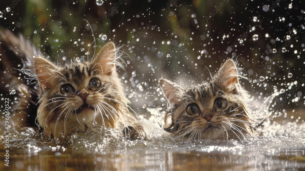 Poster a pair of playful cats splashing in a shallow pool of water, their fur glistening with droplets as t