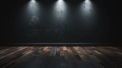 Dark and dramatic room with wooden floor and spotlights on the wall. Perfect for a stage or a photo shoot.