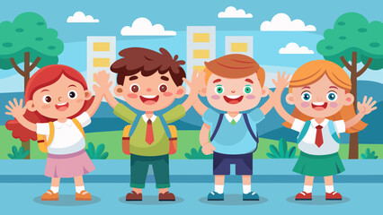 illustration-of-happy-school-kids-cartoon-waving-h