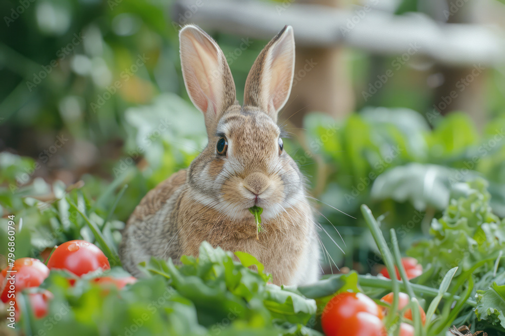 Poster a rabbit nibbling on fresh vegetables in a well-tended garden, its ears perked up at every sound,