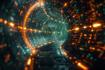 An immersive green cyber tunnel creates a sense of rapid movement and high-speed data transmission through technology space