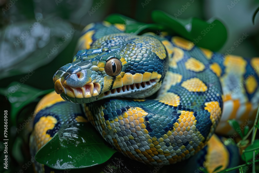 Poster A python wrapped around a branch in a dense rainforest, its eyes alert and watching,