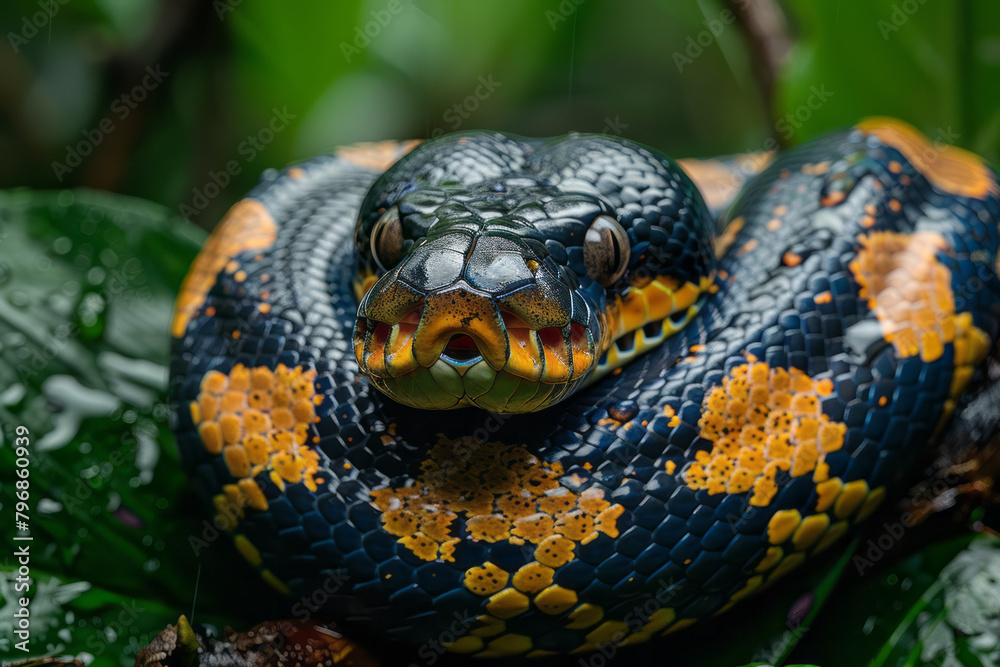 Poster A python wrapped around a branch in a dense rainforest, its eyes alert and watching,