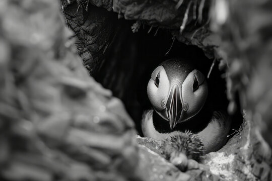 A puffin with a beak full of fish, preparing to feed its young in a coastal burrow,