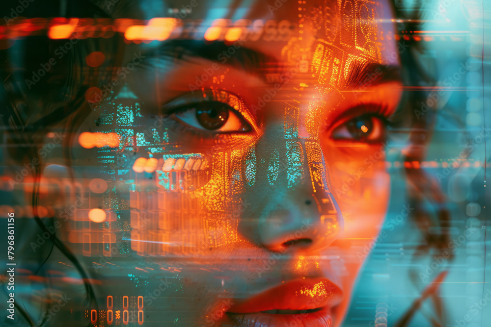 Poster a portrait that glitches progressively from the top down, merging human features with digital noise,