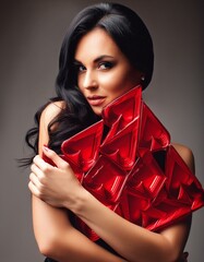 Glamour portrait of a  gorgeous black hair woman hugging a red abstract hearts decorative object at a casino