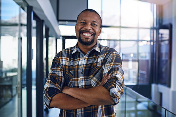 Office, crossed arms and portrait of business black man with company pride, confidence and smile....