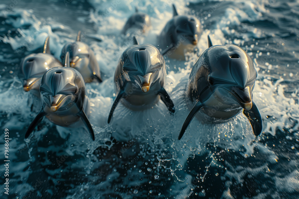 Poster a pod of dolphins riding the bow waves of a ship, playful and swift,