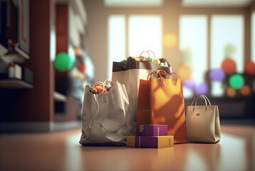 Shopping bags with purchases on stylized bokeh background. Fashion sale concept with shopping bags. - 796861348