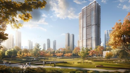 Obraz premium A residential high-rise building towering over a city park, providing a modern living space with panoramic views of the urban landscape.