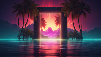 Mysterious door or portal with neon light in the jungle in synthwave style. - 796861576