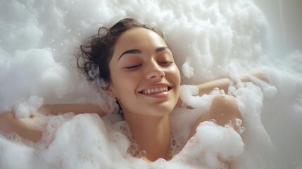 Young woman enjoying a bubble bath, her face lit with a bright, joyful expression, suitable for wellness and selfcare themed stock photos