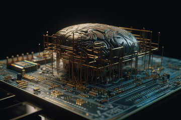 Artificial intelligence science concept with technological AI brain on the circuit board.