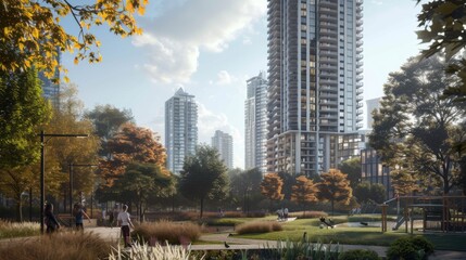 A residential high-rise building towering over a city park, providing a modern living space with panoramic views of the urban landscape.