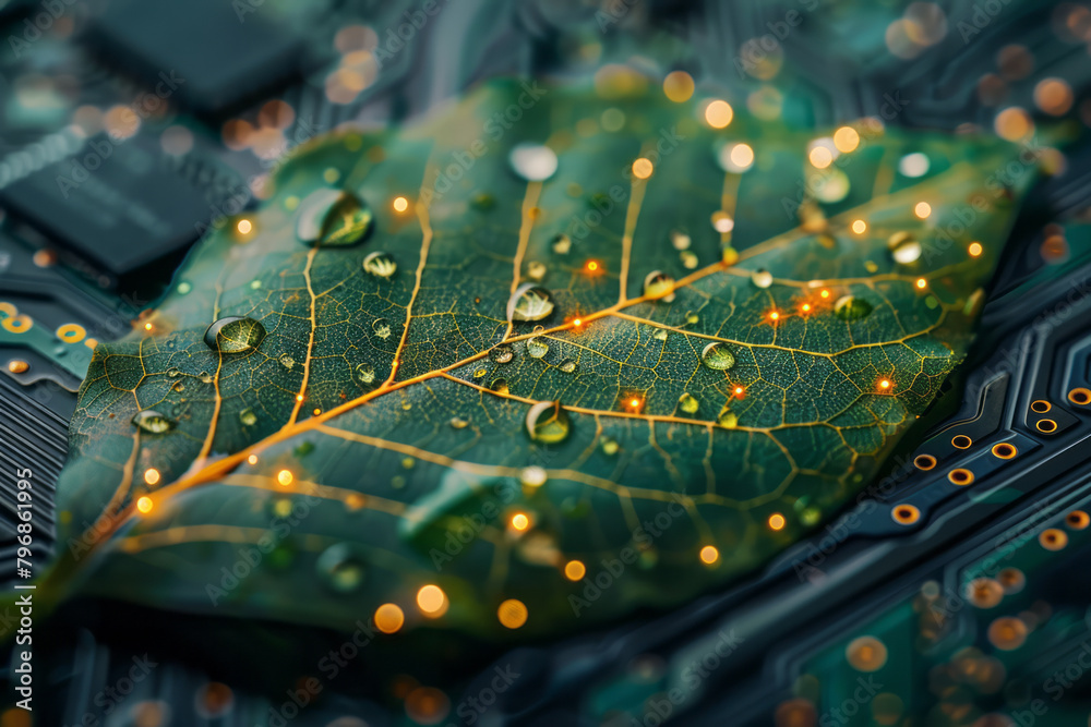 Poster a circuit board with pathways mimicking the veins of a leaf, blending natural and synthetic aestheti