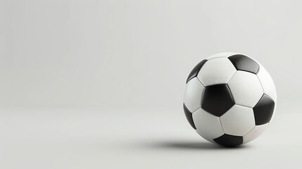 A black and white soccer ball sits on a solid white background. The ball is slightly angled to the...