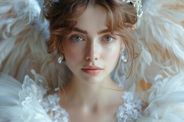 Fototapeta premium Serene young woman with freckles, dressed as an angel with white feathers and a peaceful expression