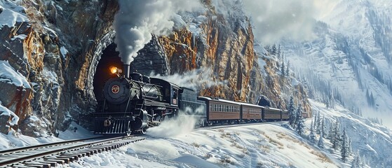 Mountain Tunnel Discovery: Steam Train Emerges into Snowy Landscape