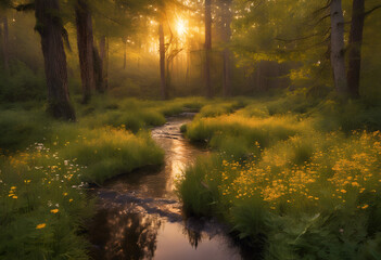 Fototapeta premium Enchanted Forest Sunrise - Generative AI