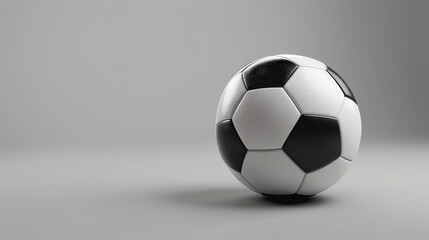 A black and white soccer ball sits on a solid gray background. The ball is slightly angled to the...