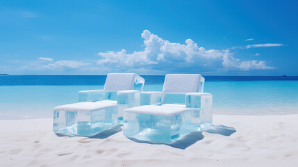 Couple of ice deck chairs on the beach, refreshing concept. Vacation on the hot shore with cold chairs. - 796862395
