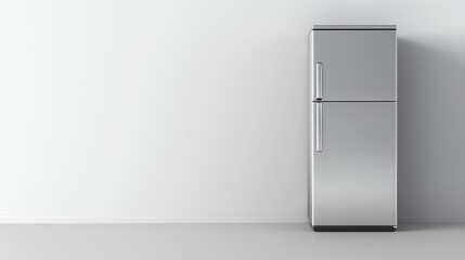 A stainless steel refrigerator stands in an empty room. The refrigerator is the focus of the image, and there is plenty of negative space around it.